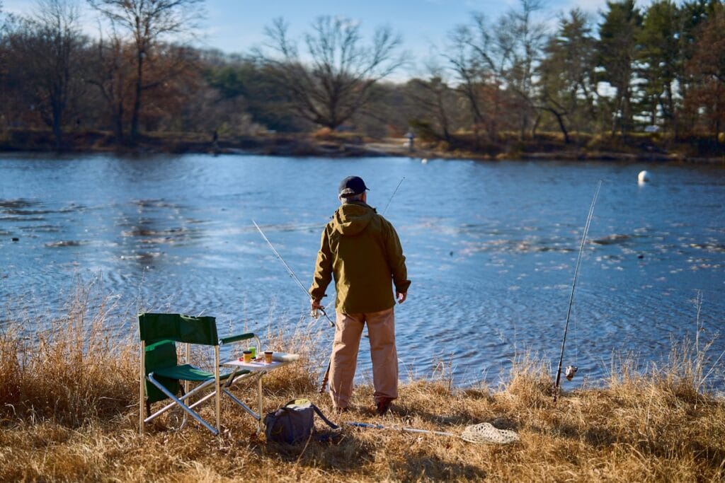 Bass fishing around docks on a lake
