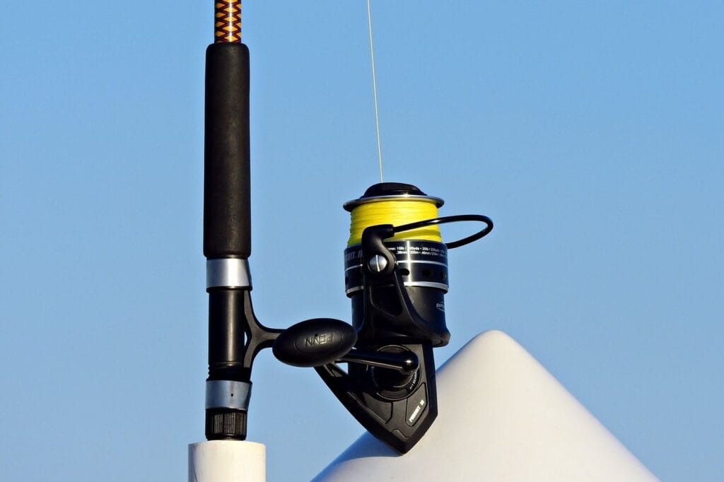 Fishing line spooled on a reel and rod