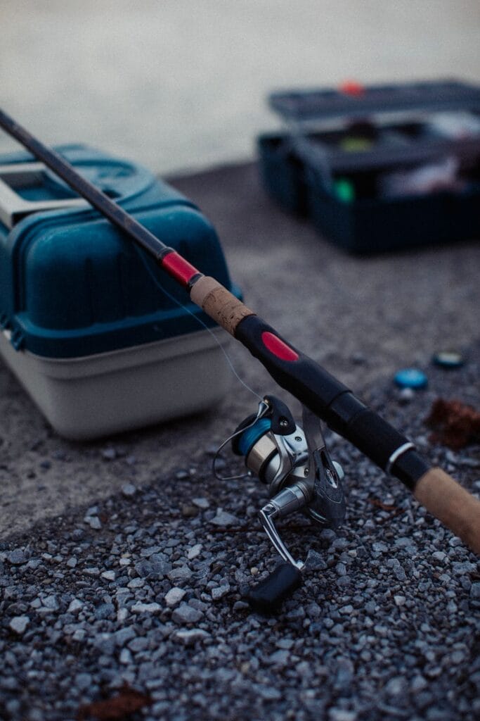 A fishing rod and tackle box